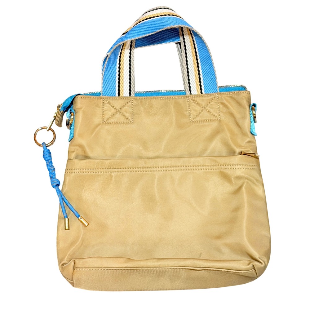 Ah-Dorned Nylon Tote Bag Tan Blue Gold Hardware Crossbody Handbag Boho